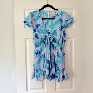 Buddy Love | Lavender & Blue Palm Leaf Ruffle Romper